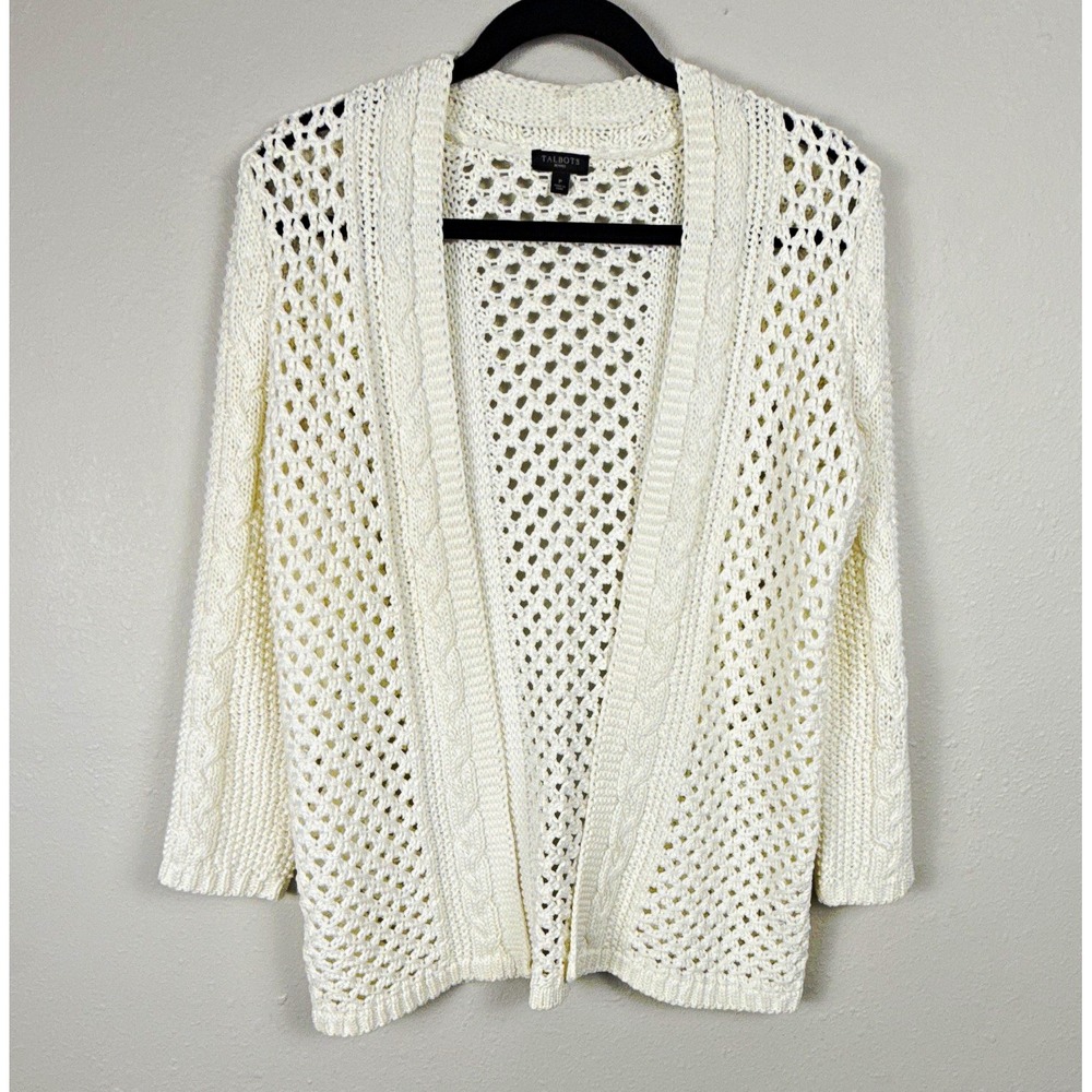 Talbots Petites P Ivory Fisherman Knit Cardigan 100% Mercerized Cotton Coastal